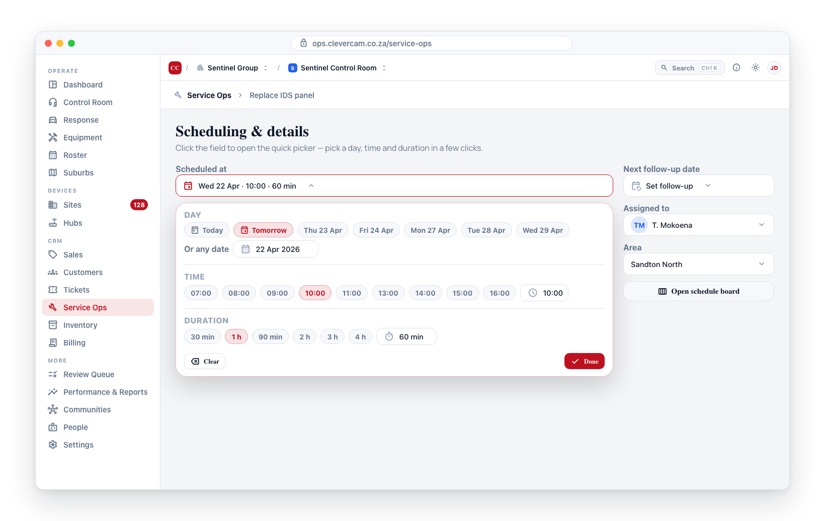 The quick schedule picker — day, time and duration chips with date/time/minute fallbacks and a Clear button.
