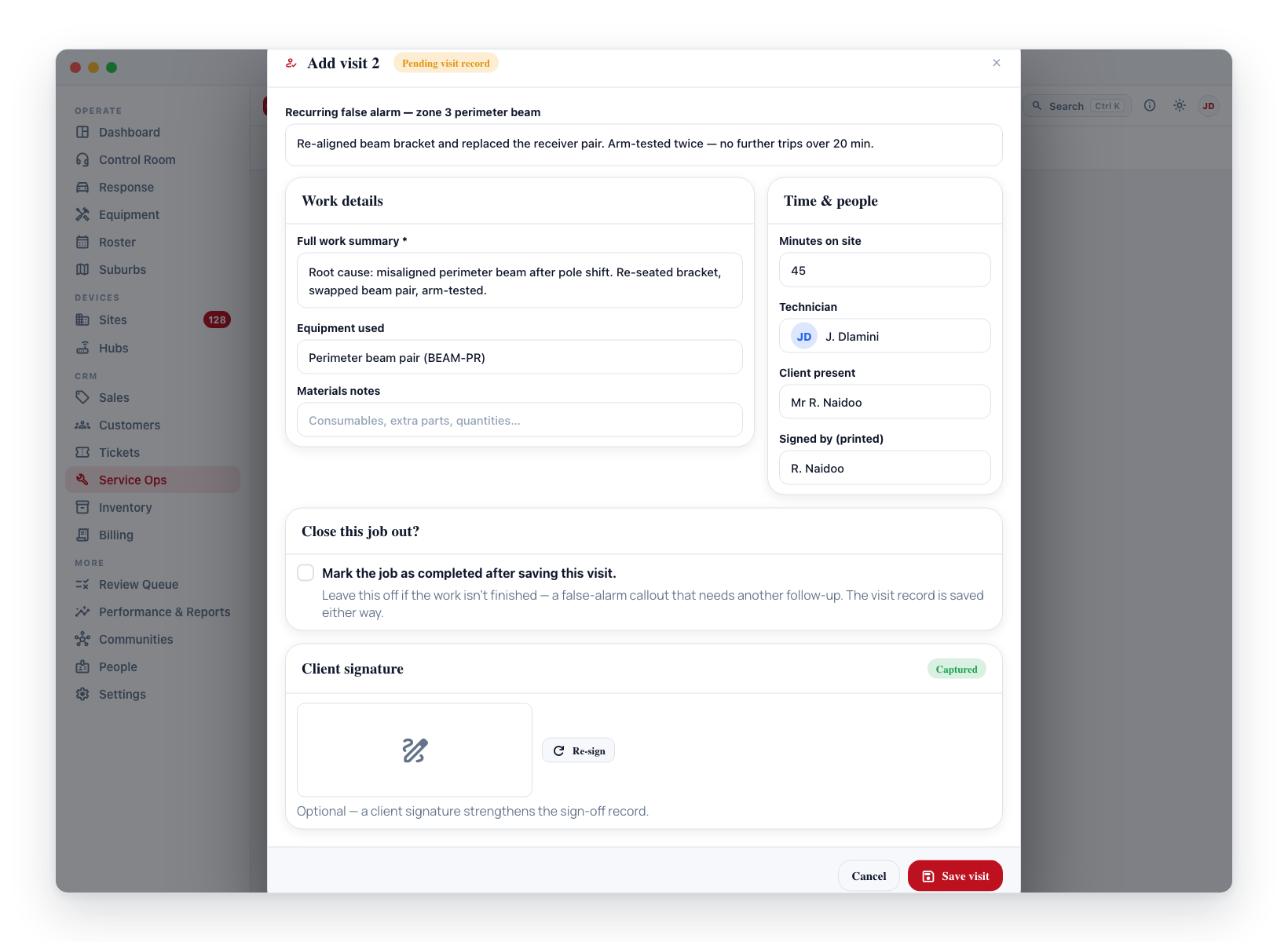 The visit sign-off form — work details, time & people, the 'Mark job as completed' close-out checkbox, and the client signature pad.