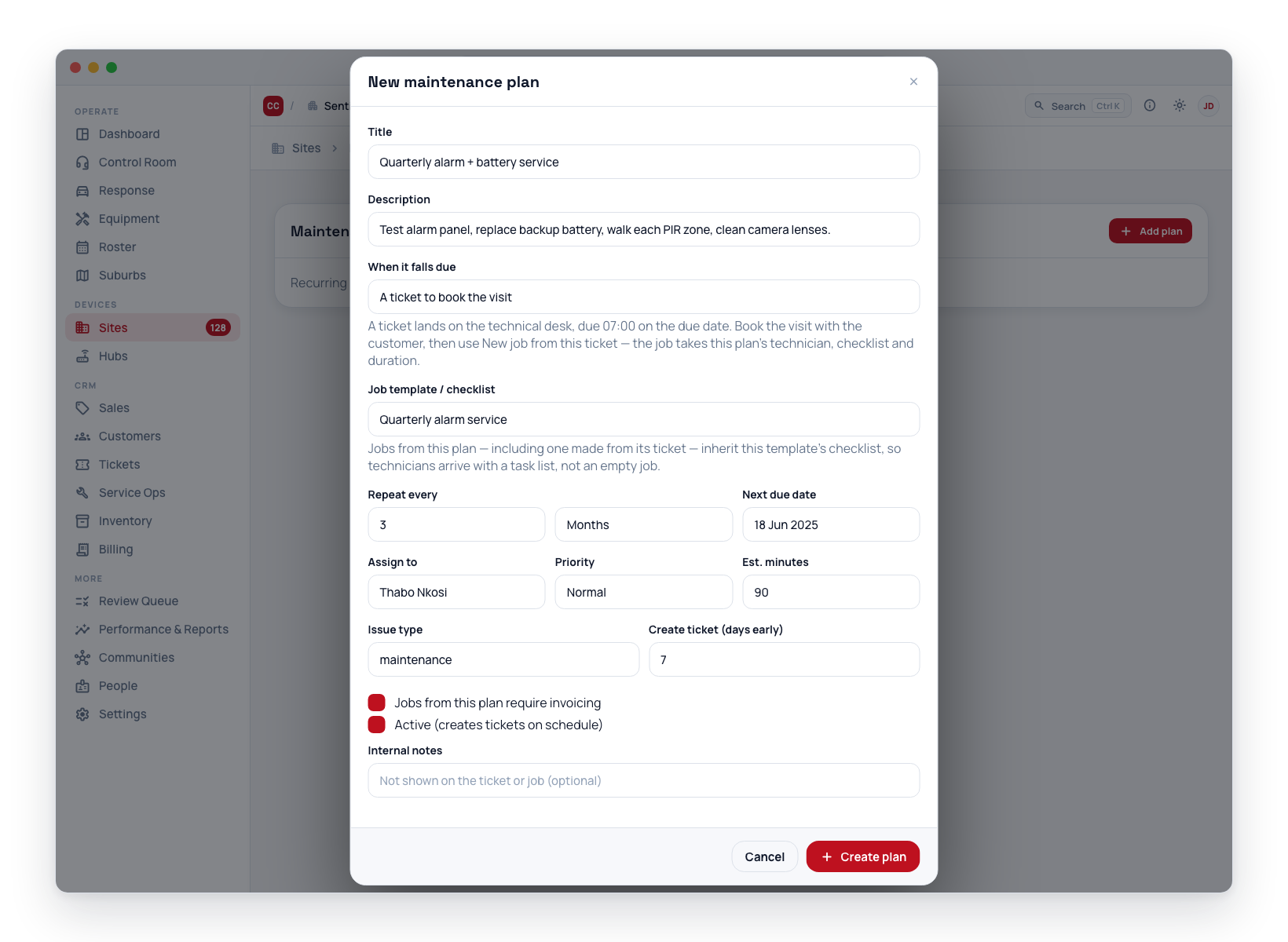 The New maintenance plan dialog — title, description, what the plan makes when it falls due, the job template, repeat cadence, next due date, assignee, priority, days-early lead time, and the invoicing / active toggles.