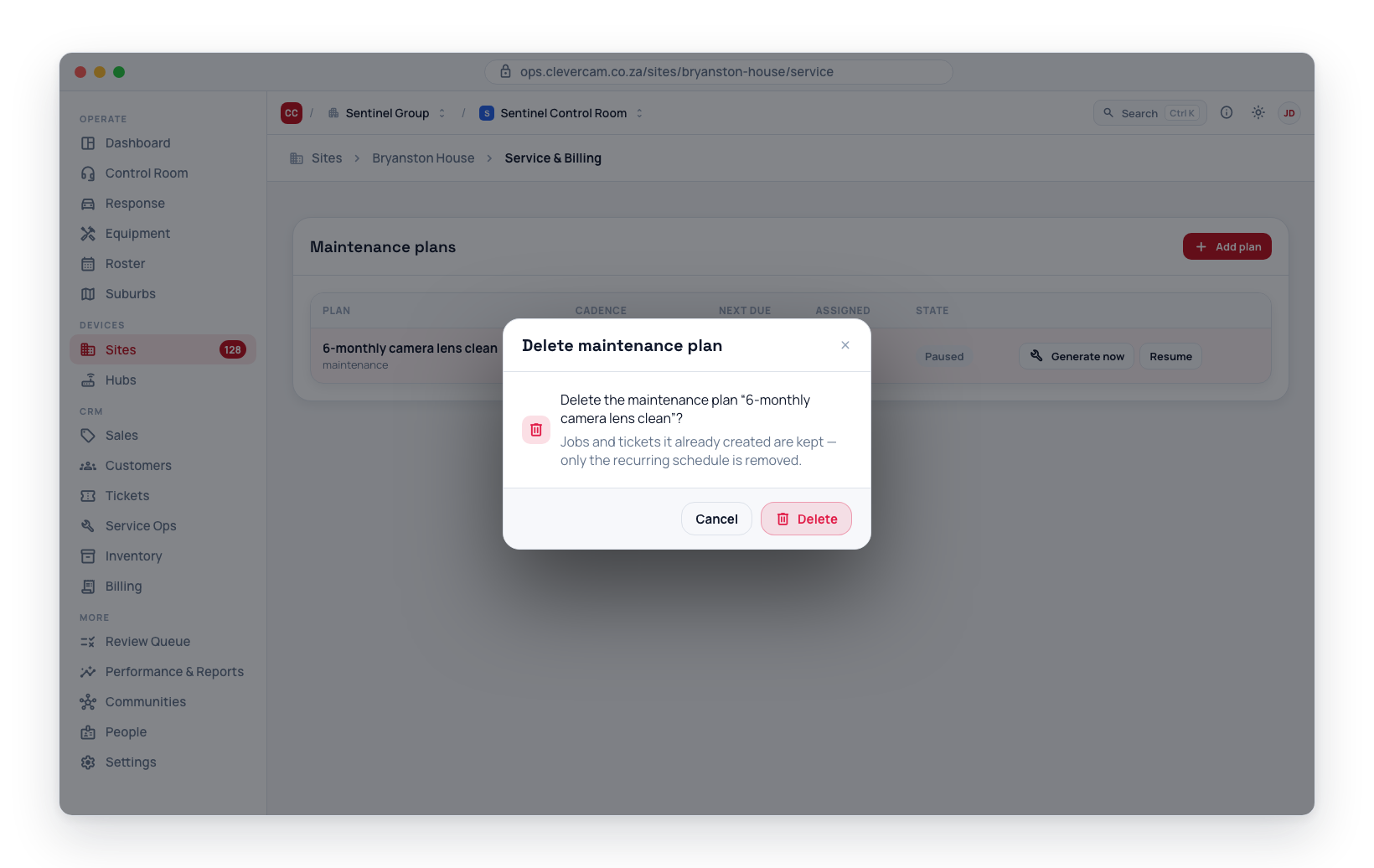 Deleting a plan asks for confirmation and reminds you that jobs and tickets the plan already created are kept — only the recurring schedule is removed.