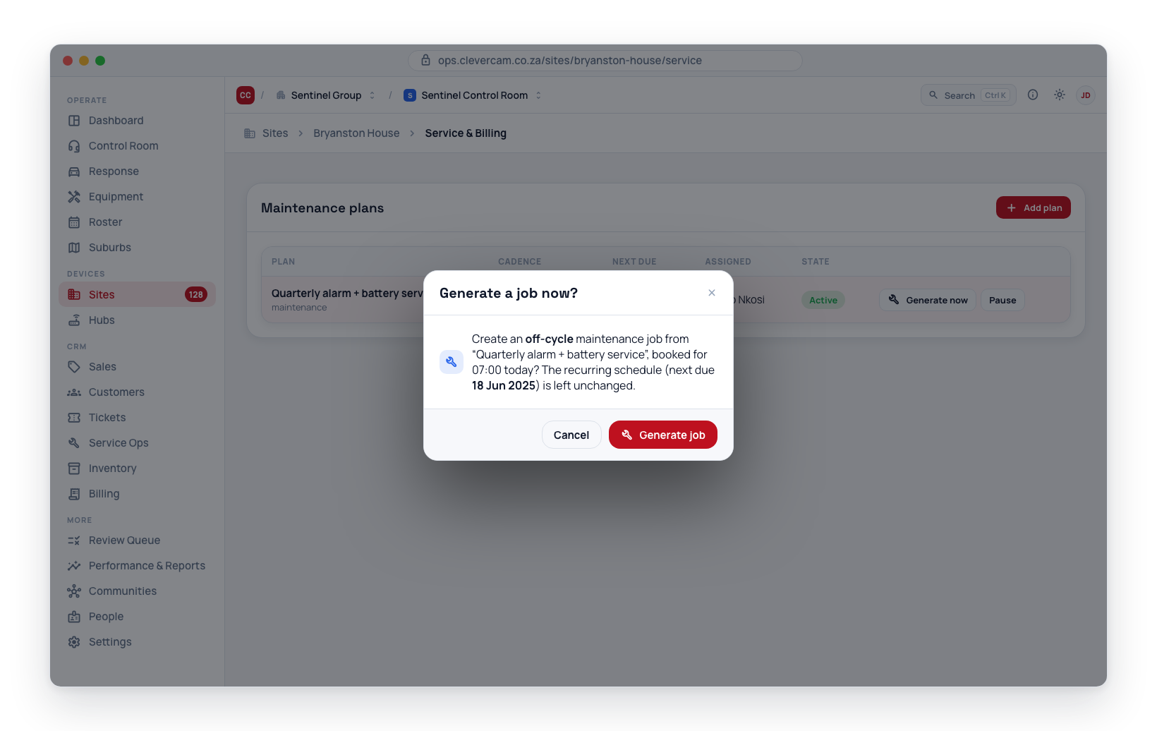 The Generate now confirmation for a plan that books jobs — creates an off-cycle maintenance job for 07:00 today while leaving the recurring next-due date unchanged.