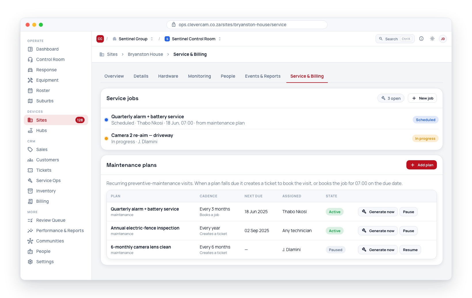 The Maintenance plans table on a site's Service & Billing tab — one row per plan with cadence and what it makes, next due date, assignee, state, and row actions.