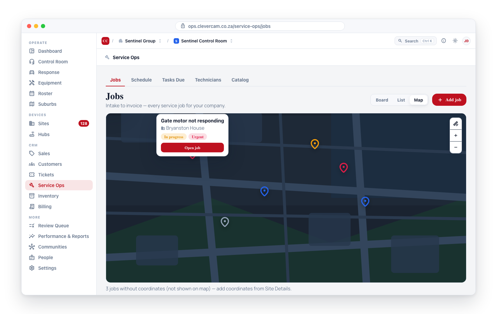 Map view — one colour per technician, shared by their van marker and their job pins, with a legend to focus on one person and a saved toolbar for what to plot.
