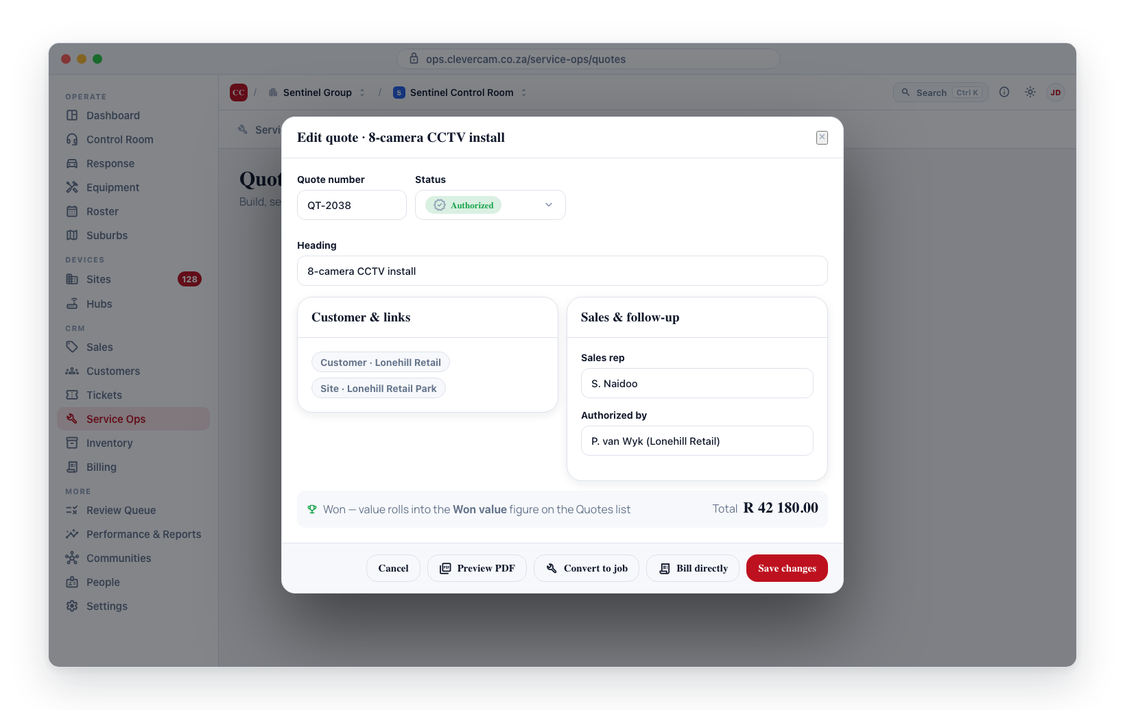 Setting Status to Accepted (approved internally) reveals the Authorized by field and marks the quote as won.