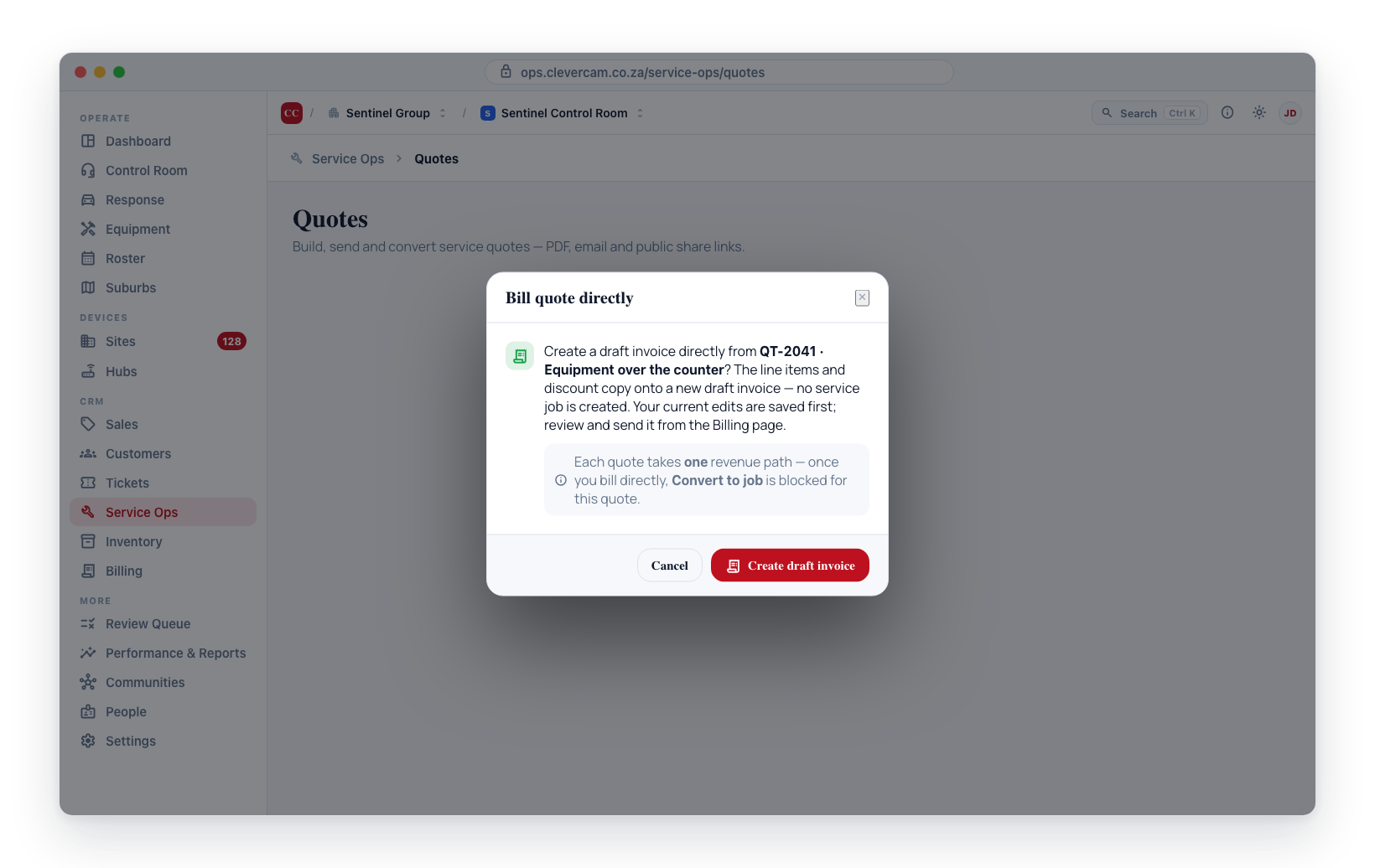 Bill directly raises a draft invoice from the quote — locking out the convert-to-job path.