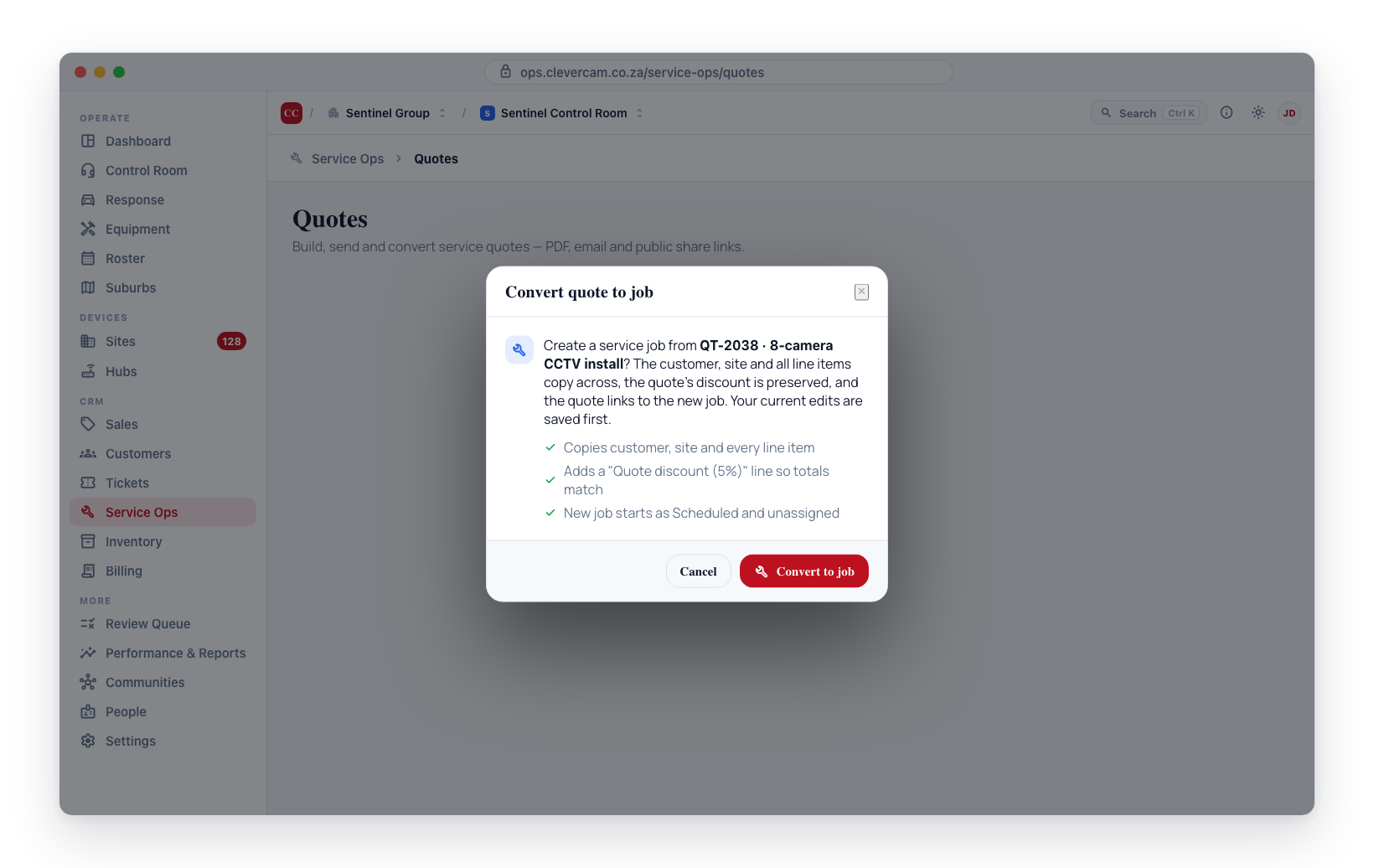 Convert to job confirmation: customer, site and every line item copy across, with the discount preserved.