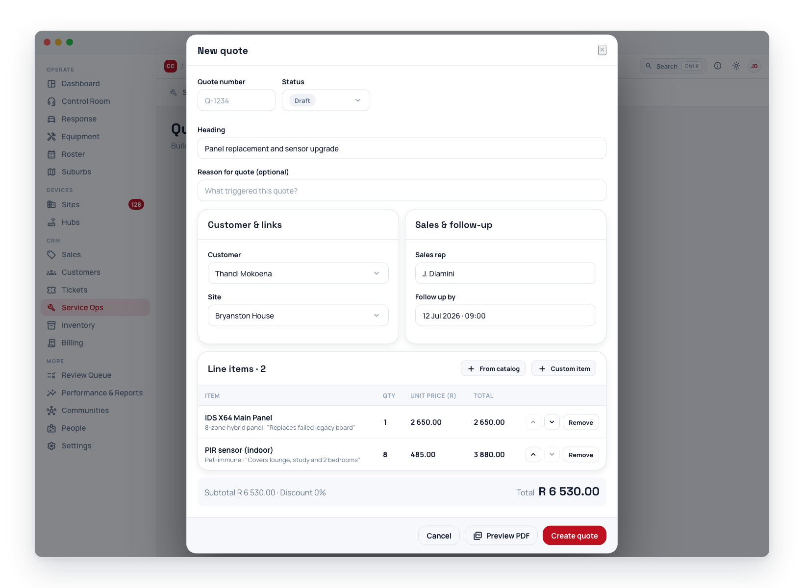 The New quote form: pick who it is for, then build the document — sections, catalog line items and a running total.