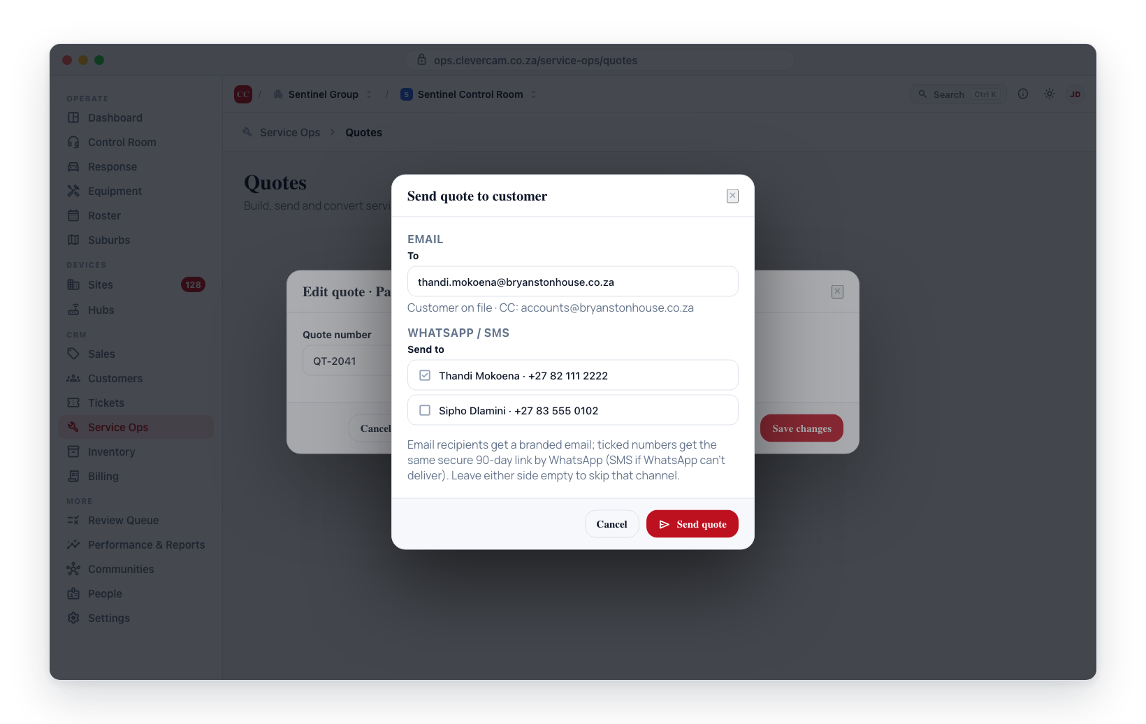 Send to customer: email and WhatsApp/SMS in one dialog — fill in either side or both, and one click sends everything.