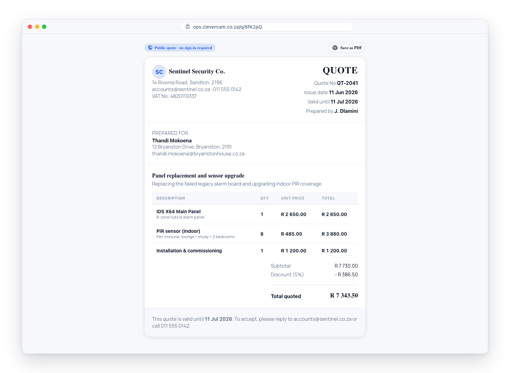 The public share page — the customer opens the quote without signing in, and can download the branded PDF.