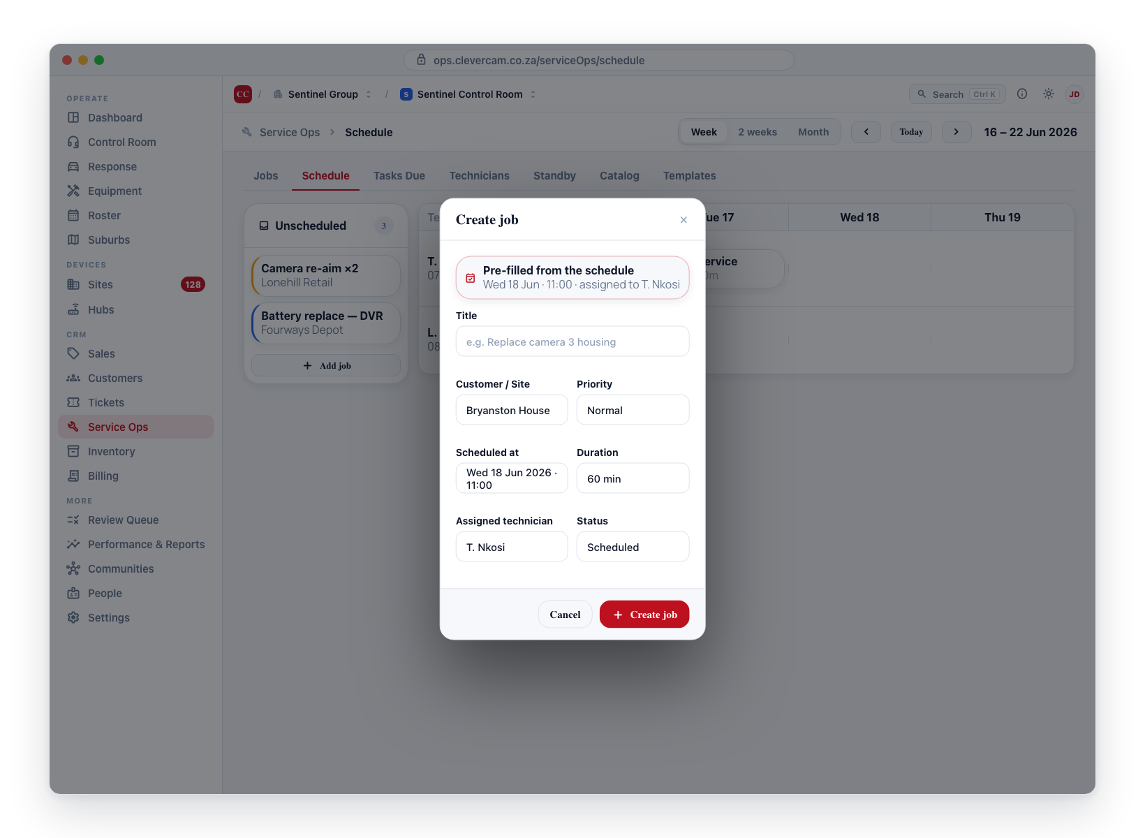 Double-clicking an empty slot opens the Create job form pre-filled with that day, time and technician.