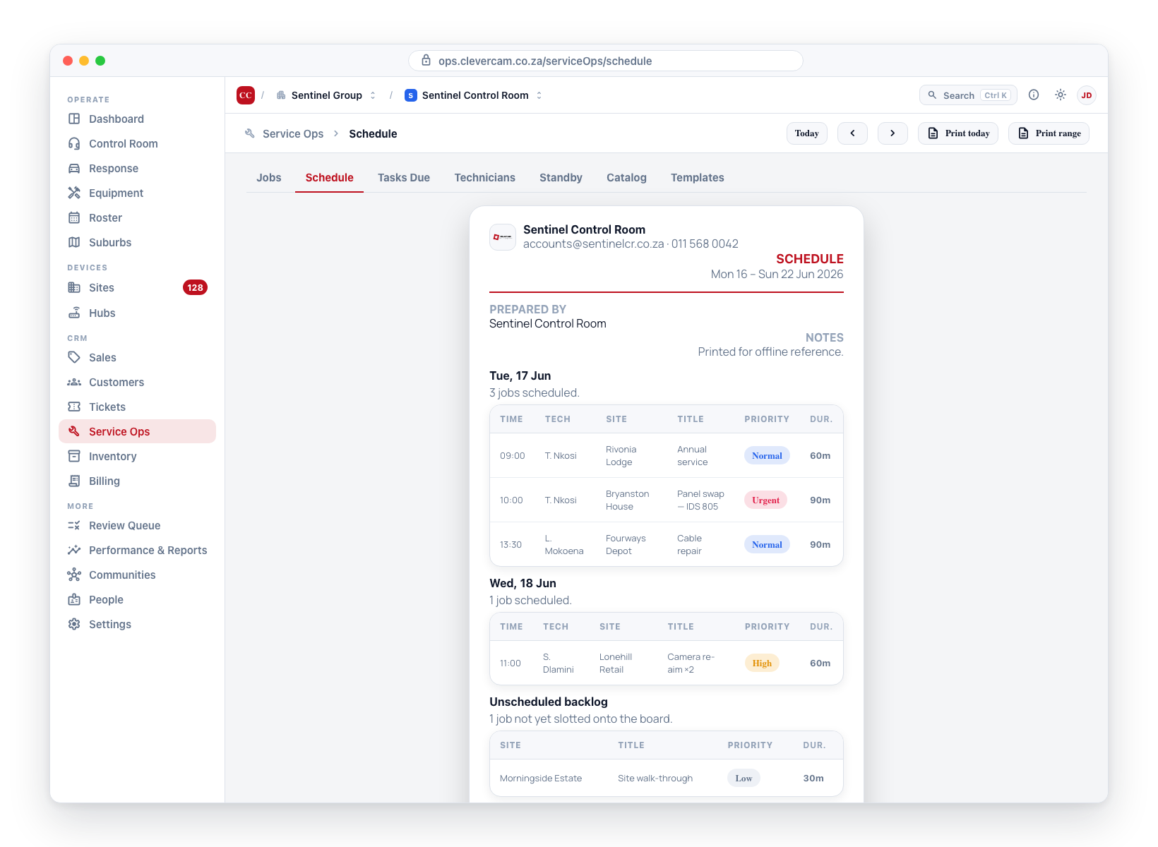 Print range generates a branded multi-day PDF grouped by day, with an unscheduled backlog section at the bottom — the same template as invoices and quotes.