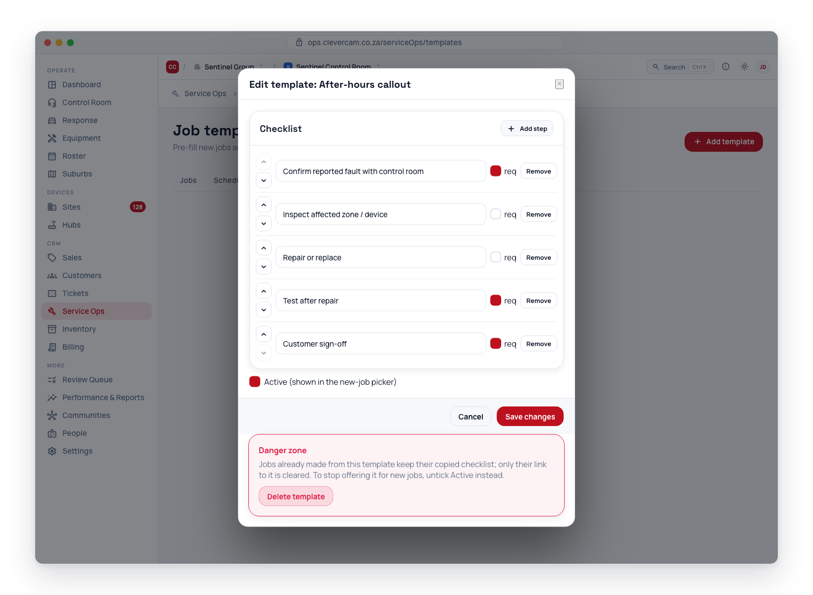 The checklist editor inside the template dialog — each step has a label, a type, Required/Photo toggles, and an options line for its section, healthy range, and on-fail rules.