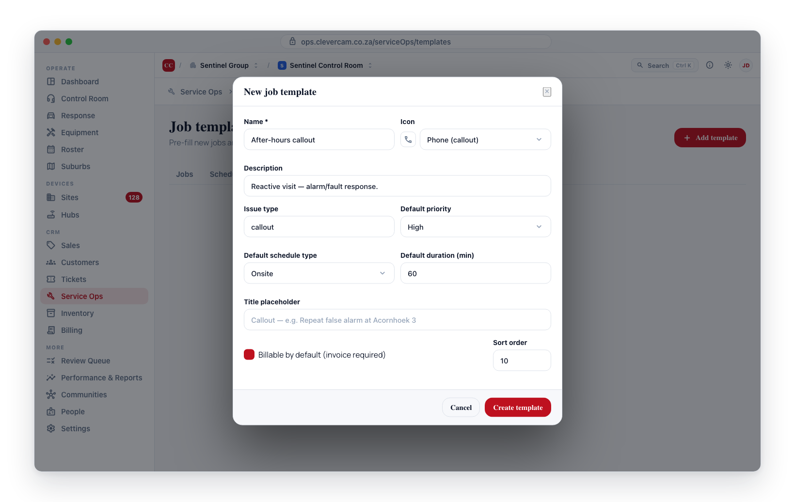 The template dialog, where every field above is set. Opens from New template or by clicking a row.