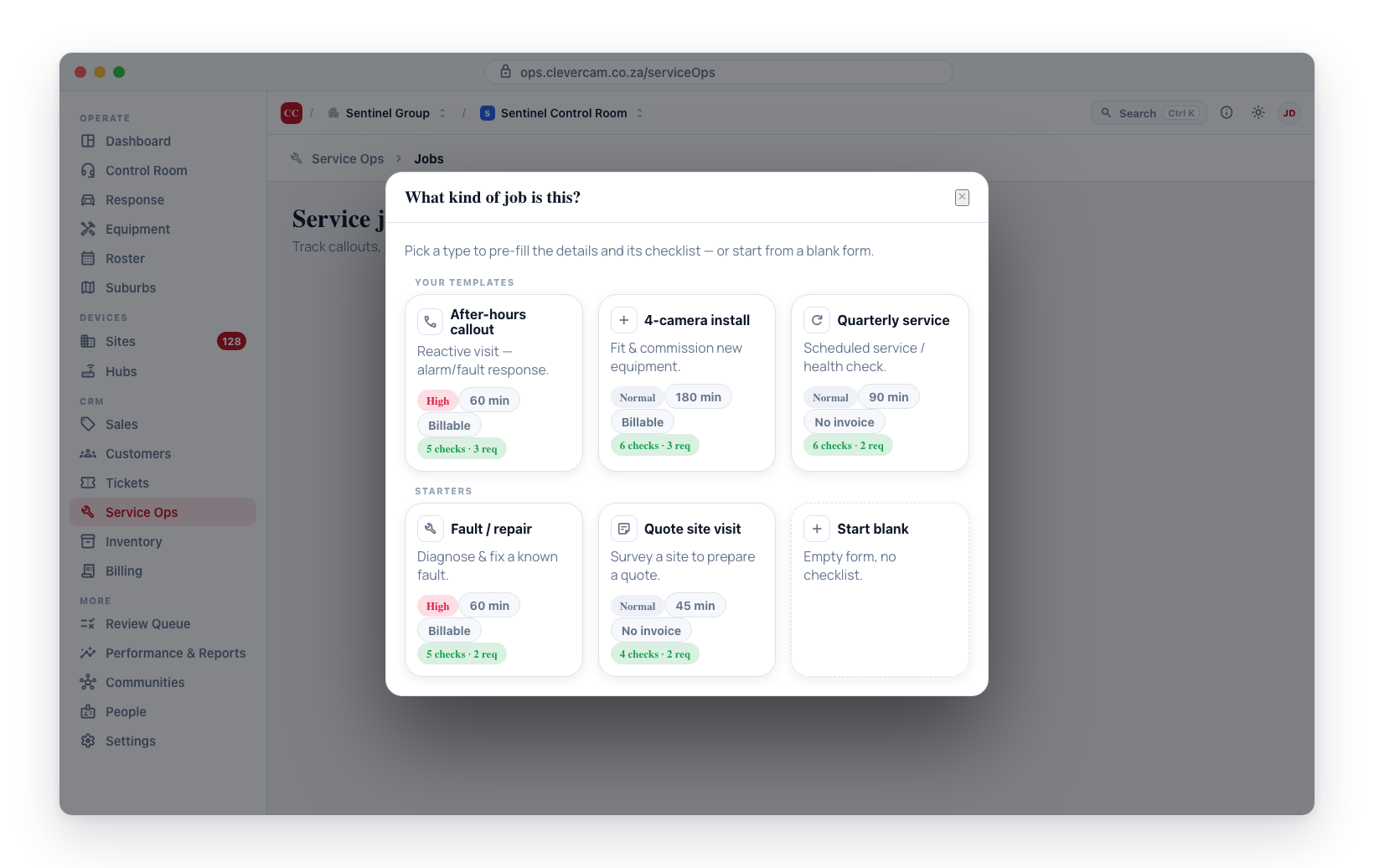 Where templates show up: the “What kind of job is this?” picker when creating a job — your templates first, then the built-in starters.