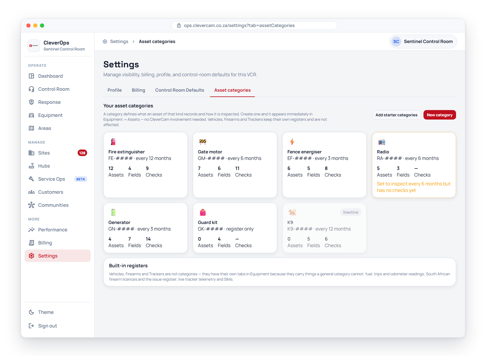 Each card is a category: its code pattern and inspection cadence, then how many assets, custom fields and checklist items it carries. A category set to inspect but carrying no checks says so on the card.