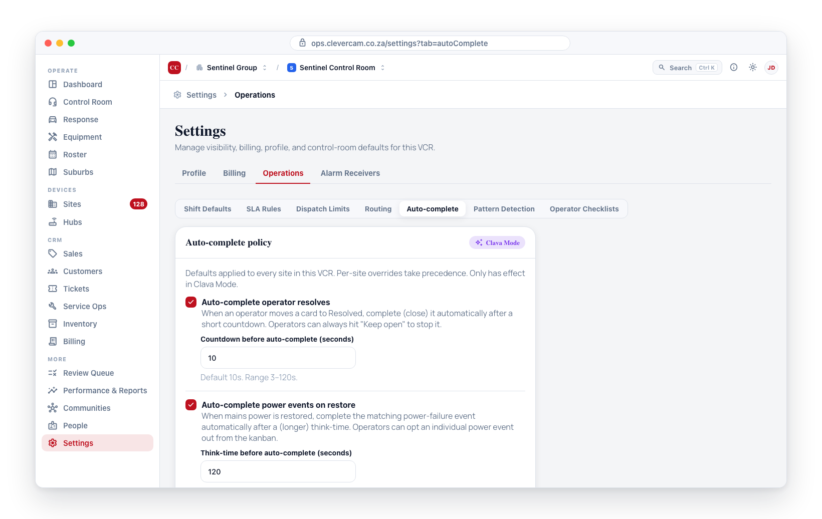 Settings → Alarm Handling → Auto-complete: the VCR-default policy card.