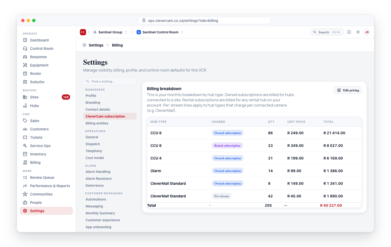Settings → CleverCam subscription: the monthly breakdown by hub type, charge and quantity, with a Total row.