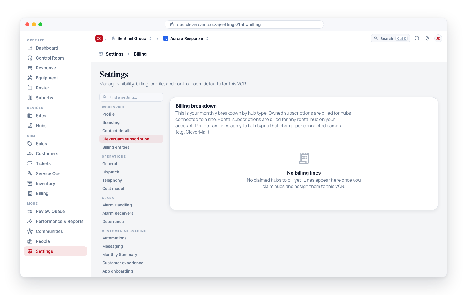 The empty state shown on the CleverCam subscription tab when no claimed hubs are billable yet.