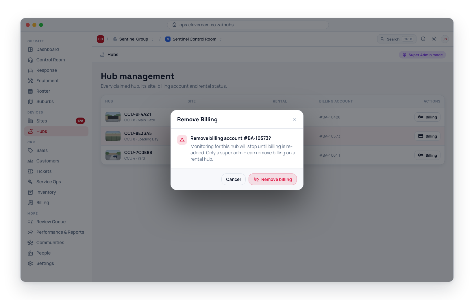 On the Hubs page in Super Admin mode, Remove billing on a rental hub asks for confirmation before monitoring stops.