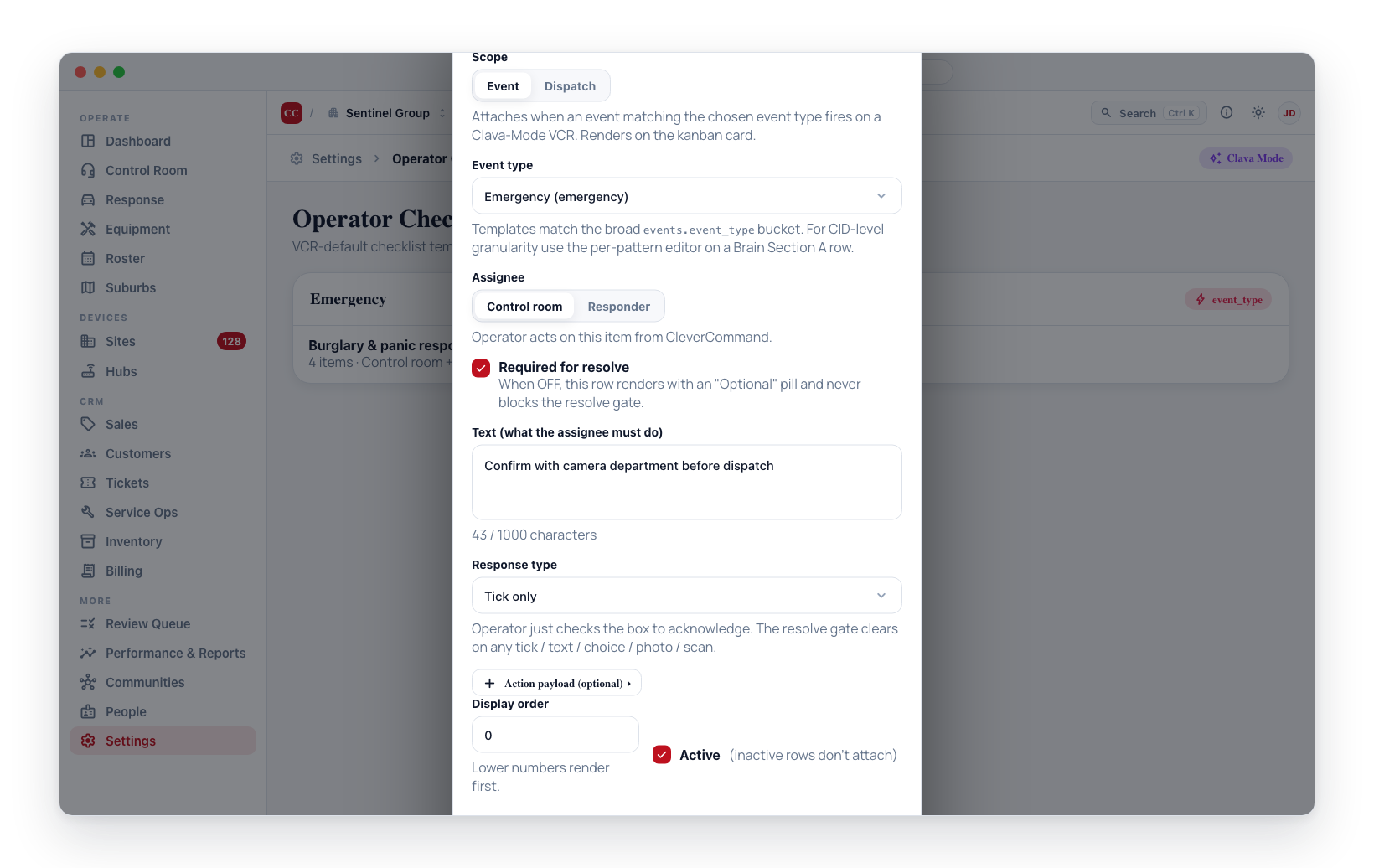 The Add checklist row modal: Scope, Event type, Assignee, Required, Text, Response type and Display order.
