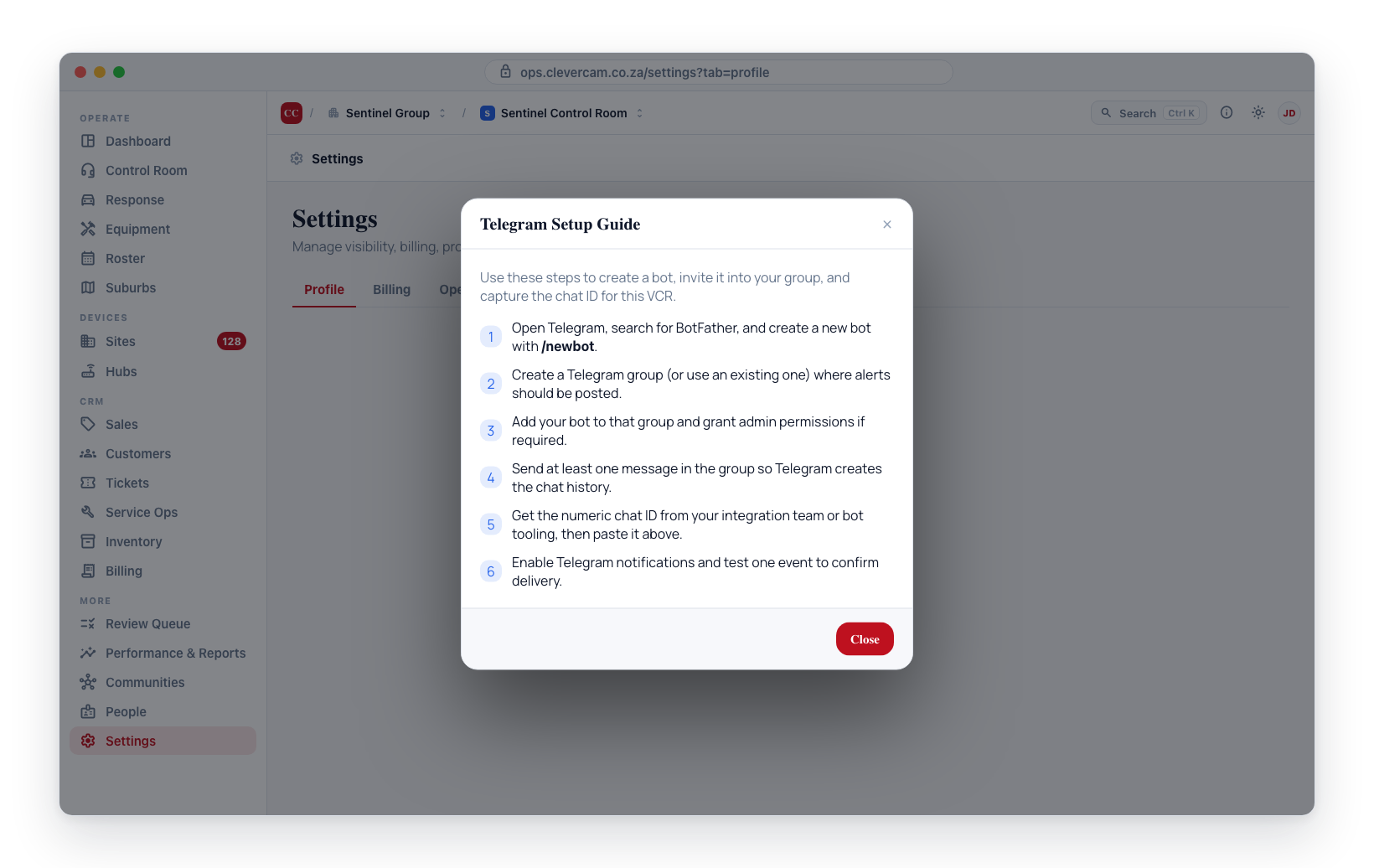 The Setup guide dialog walks through creating a bot, adding it to a group, and capturing the chat ID.