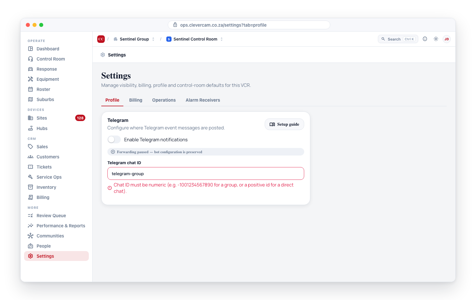 Toggle off to pause forwarding (the chat ID is preserved); the chat ID field rejects non-numeric values inline.
