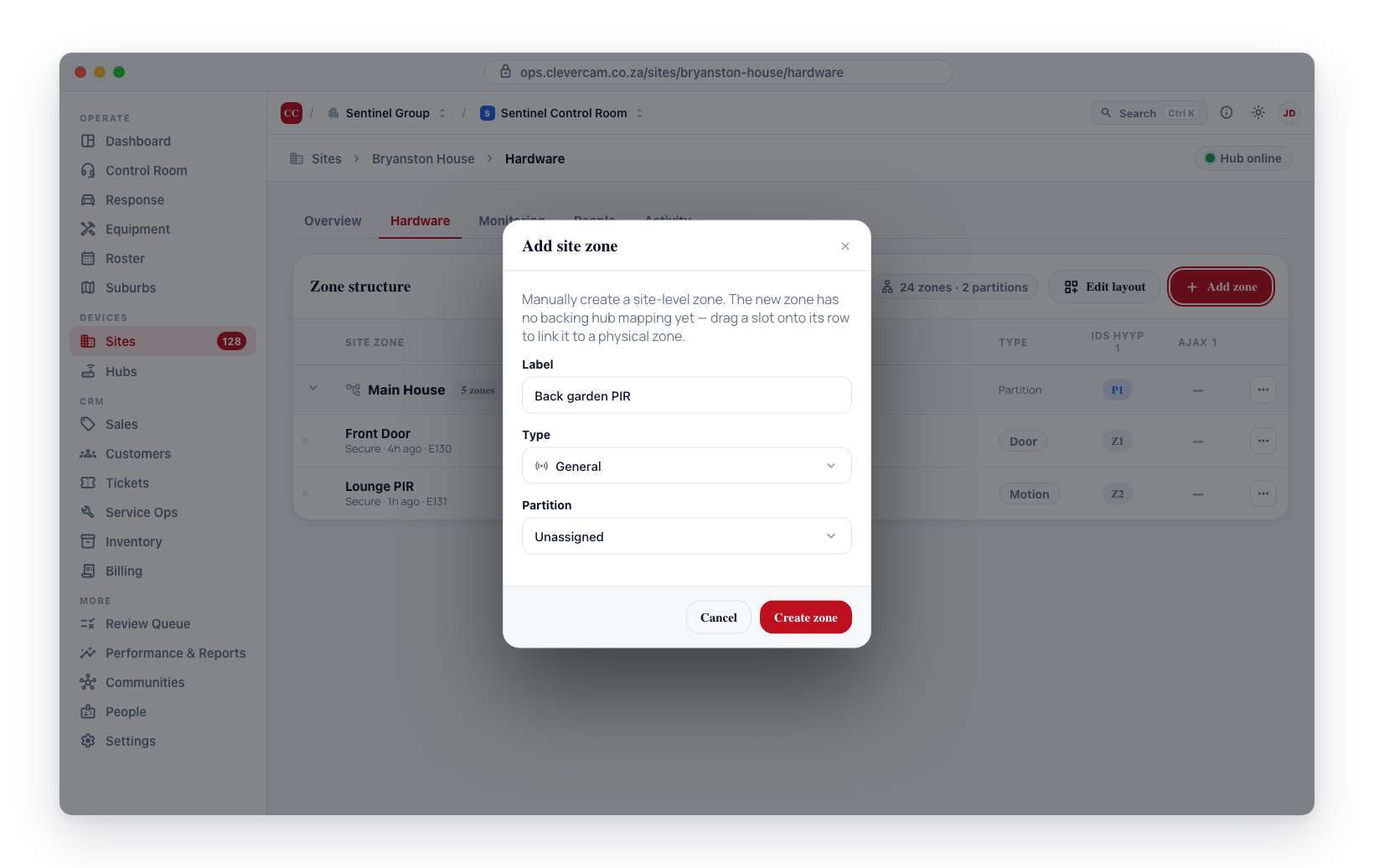 The Add site zone dialog — panel, zone number, label, type, and partition.