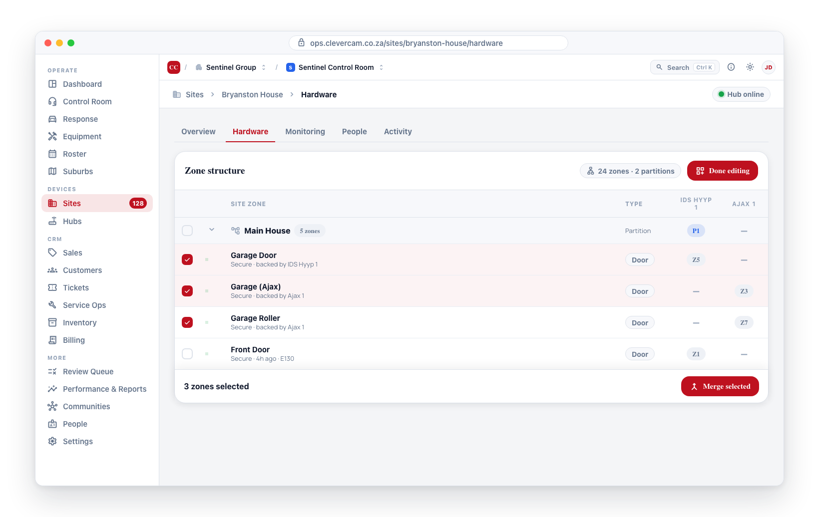 Edit layout mode — multi-select checkboxes with the sticky Merge selected bar.