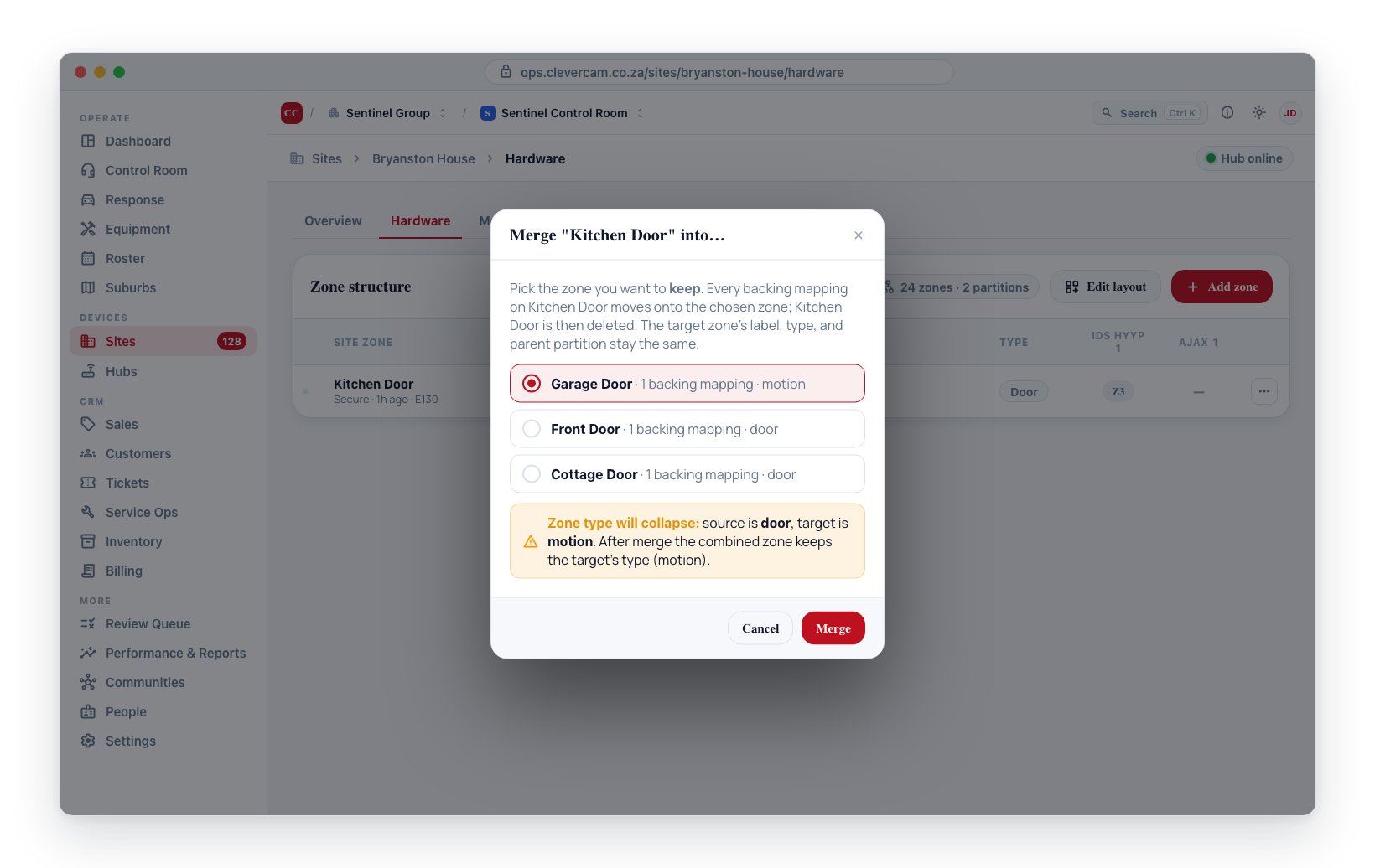 The Merge dialog — pick the entry to keep, with a zone-type collision warning.