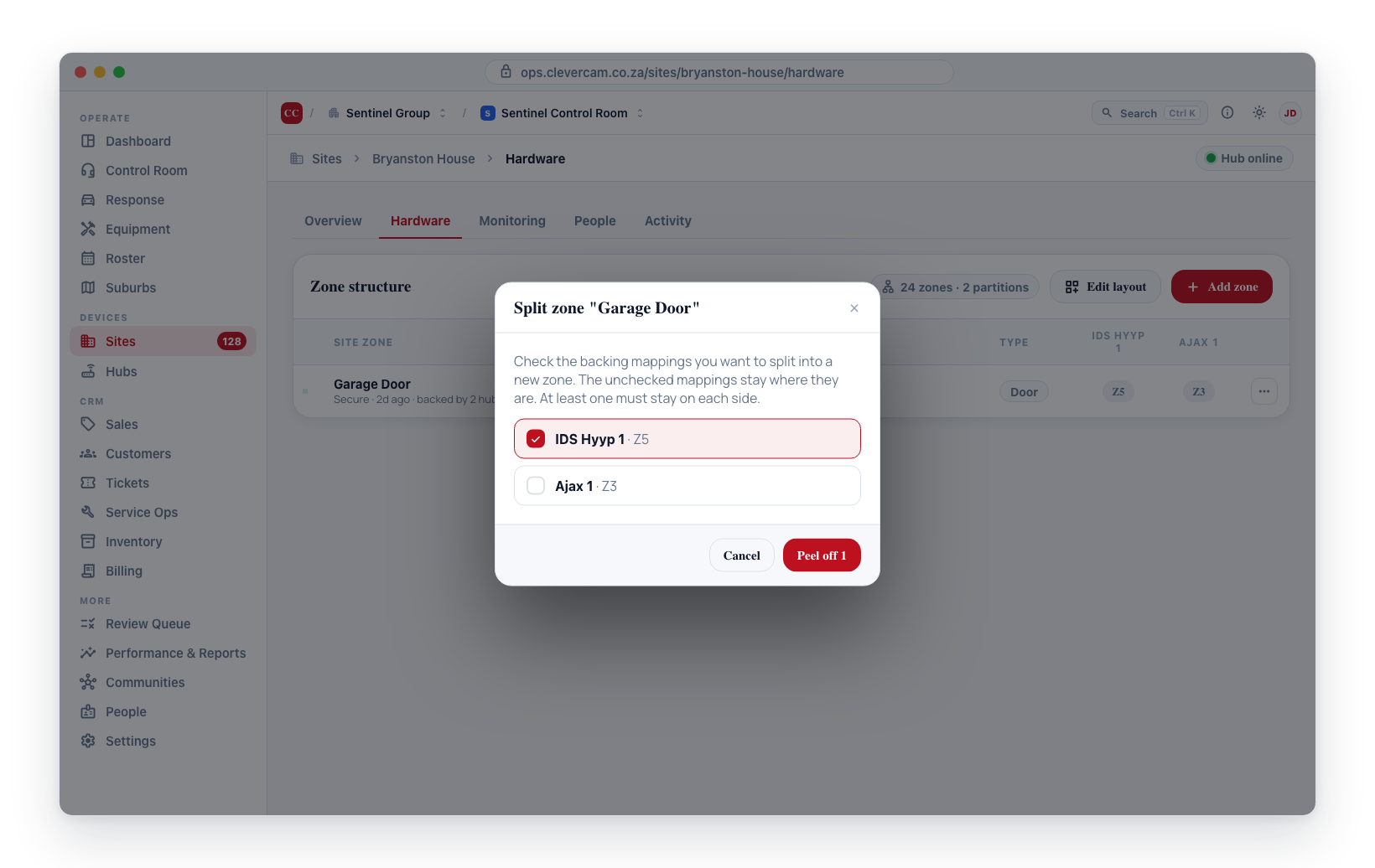 The Split dialog — tick the hub connections to peel into a new entry.