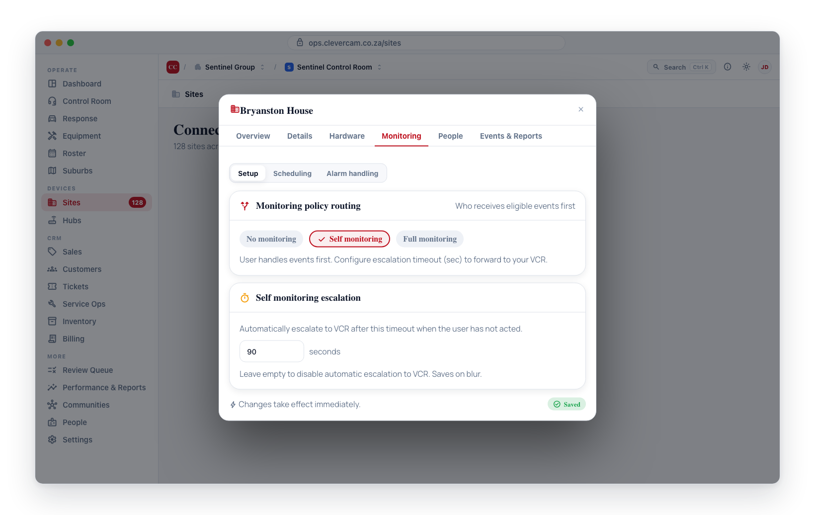 Switching a site's monitoring mode in the site's Monitoring tab. Selecting Self monitoring reveals the escalation timeout.