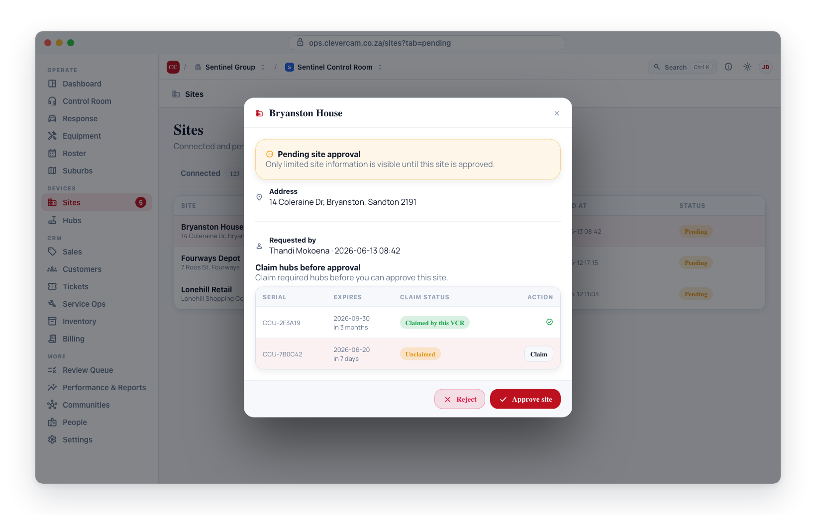 A pending site opens with a Pending site approval banner, limited details, and a Claim hubs before approval step before you can Approve or Reject.