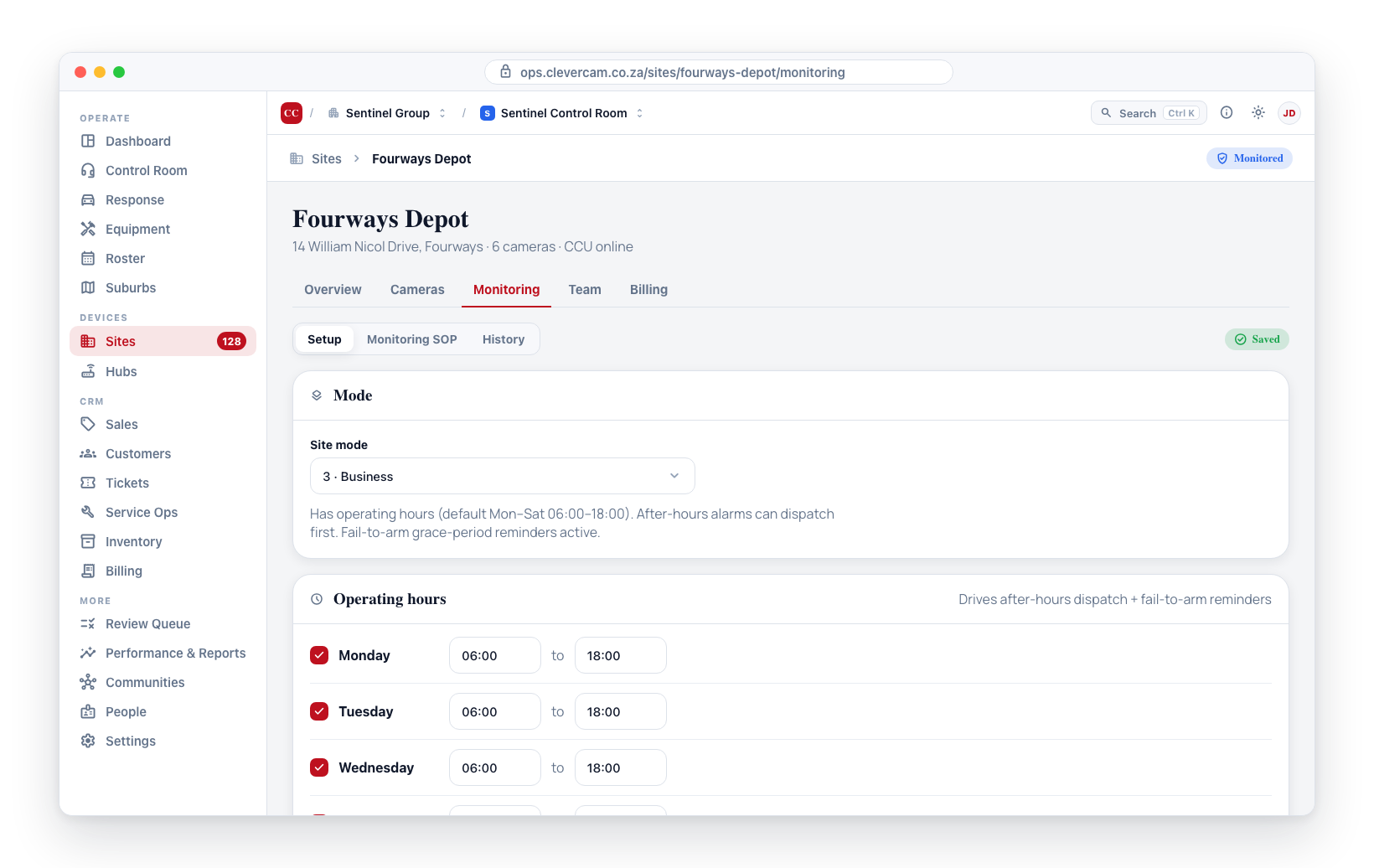 The Operating hours editor (Business mode only): one row per day plus Public holiday, each with an open/closed checkbox and Open/Close times.