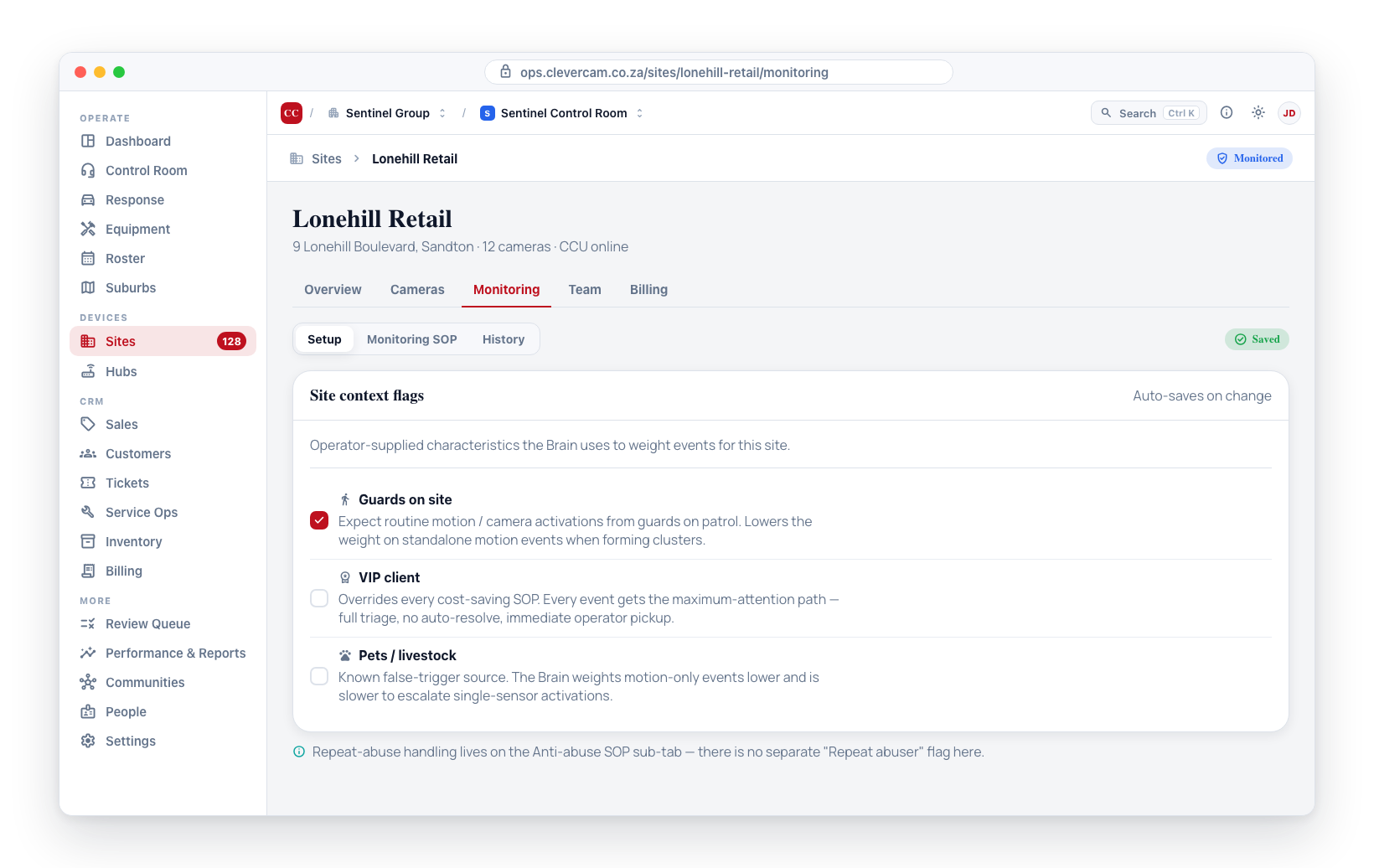 Site context flags on the Monitoring → Setup sub-tab — Guards on site, VIP client and Pets / livestock; they auto-save on toggle.