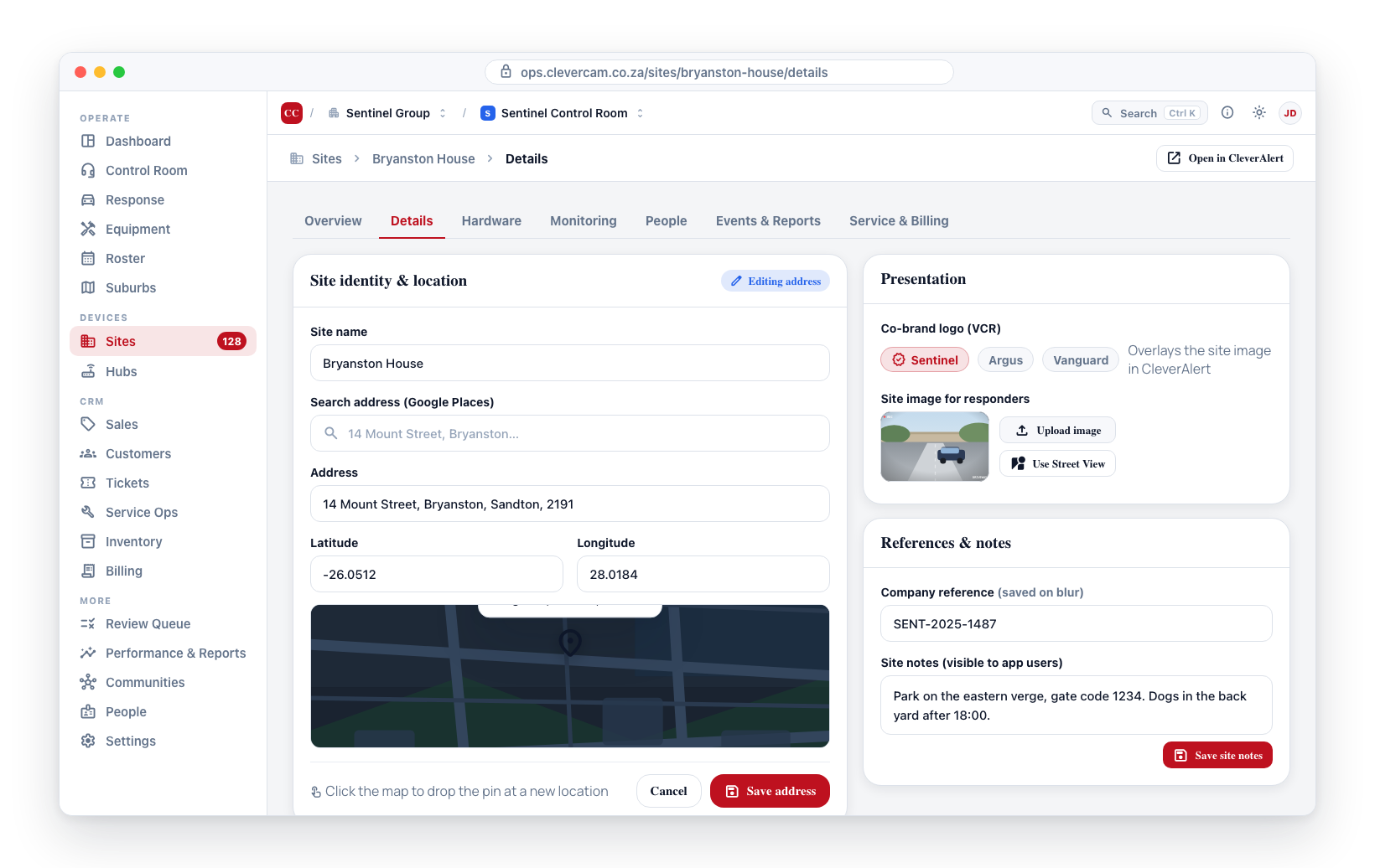 Editing the address with the map picker, the co-brand logo set, responder image, and site notes.
