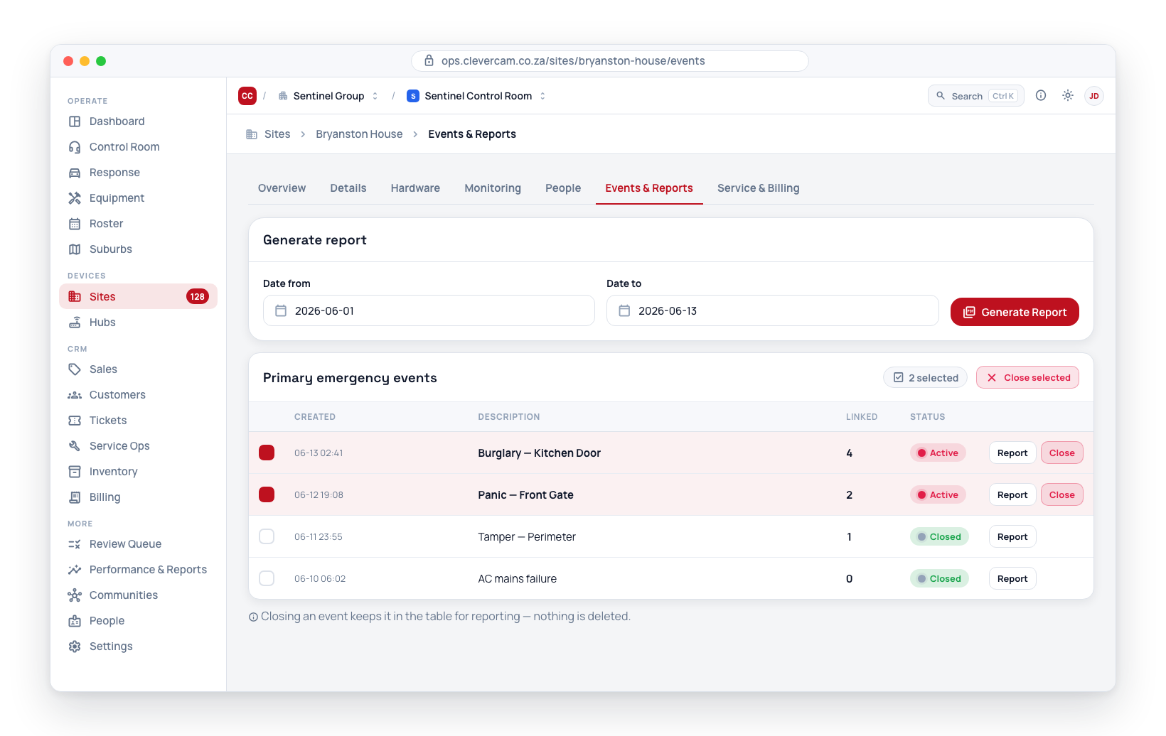 The Events & Reports tab: the events table with its type and status filters, an expanded row showing the event's story, and the Reports card below.