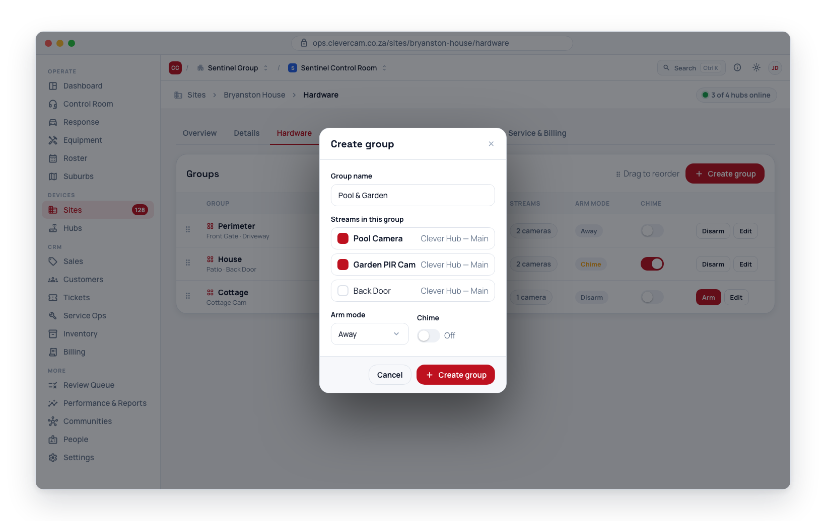 The Groups card with drag handles and per-group arm mode and chime, plus the Create group editor.