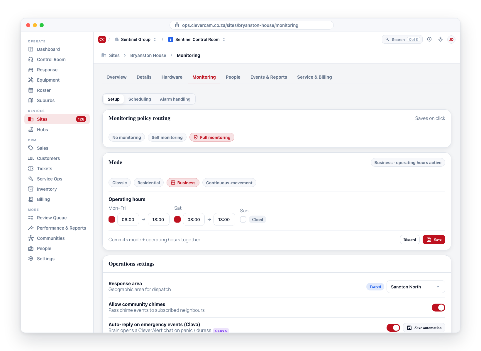 The Monitoring → Setup landing: the policy-routing pill row, Mode + operating hours, operations settings, context flags, and advanced actions.