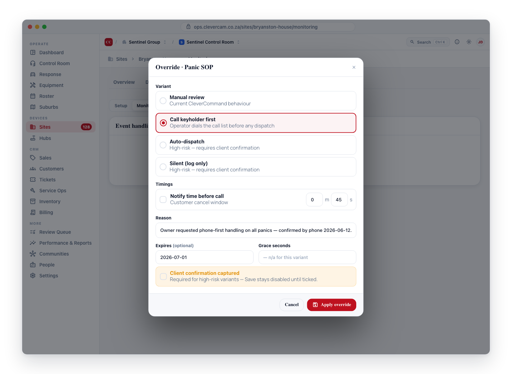 Retired surface (removed 2026-06-23) — the Override apply modal as it was: the variant ladder, the per-event Timings fieldset, reason and expiry, and the high-risk Client confirmation gate.