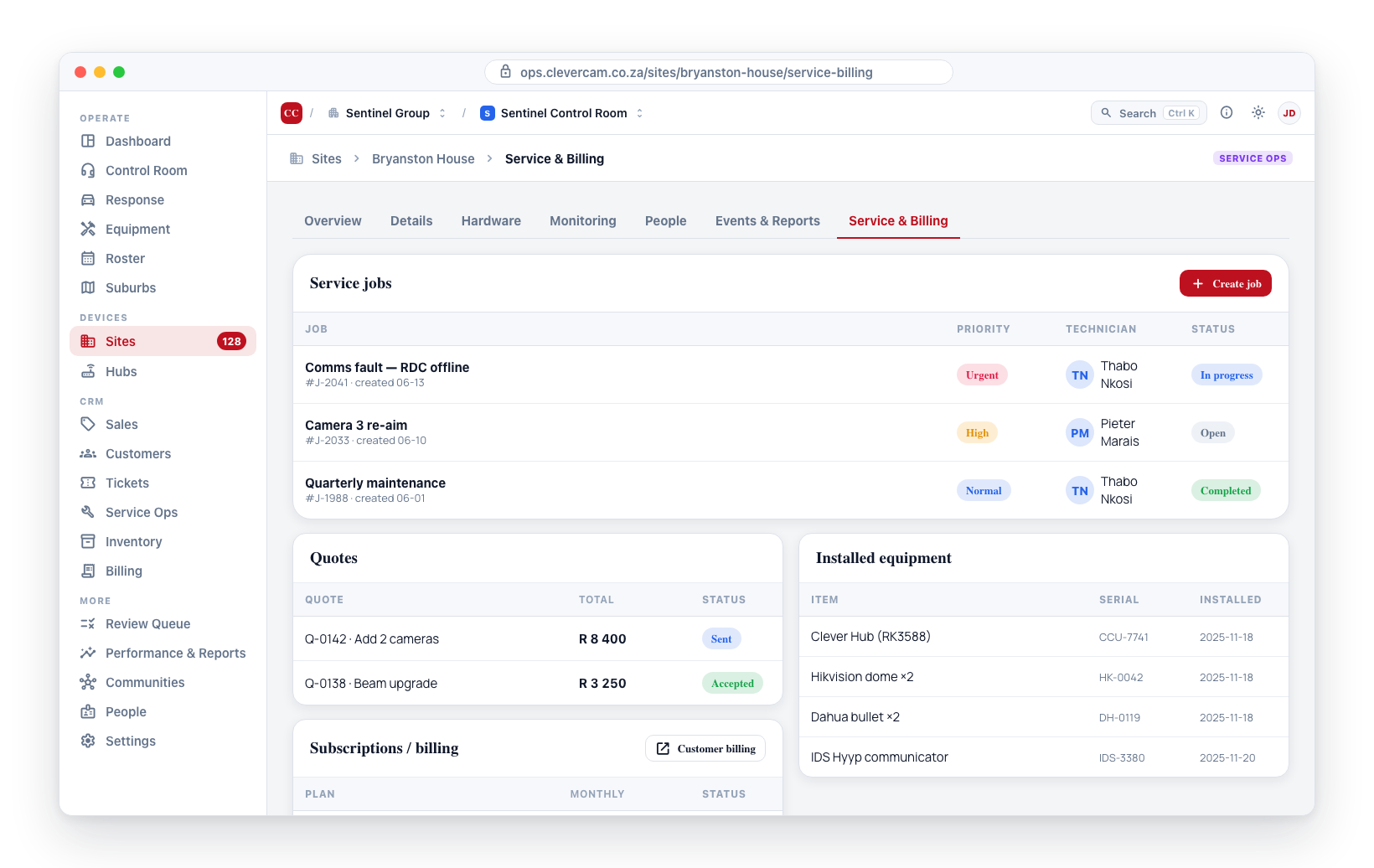 The Service & Billing tab: site service jobs, quotes, subscriptions, and the installed-equipment inventory.