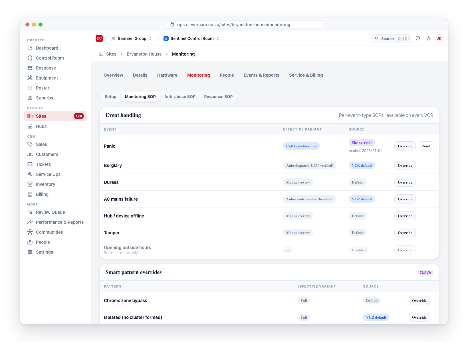 Retired surface (removed 2026-06-23) — the Site SOP panel as it was: Event handling rows with effective-variant chips and source badges, plus the Clava-gated Smart pattern overrides card.