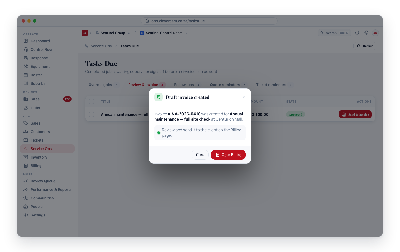The confirmation dialog after Send to invoice, showing the new draft invoice number.