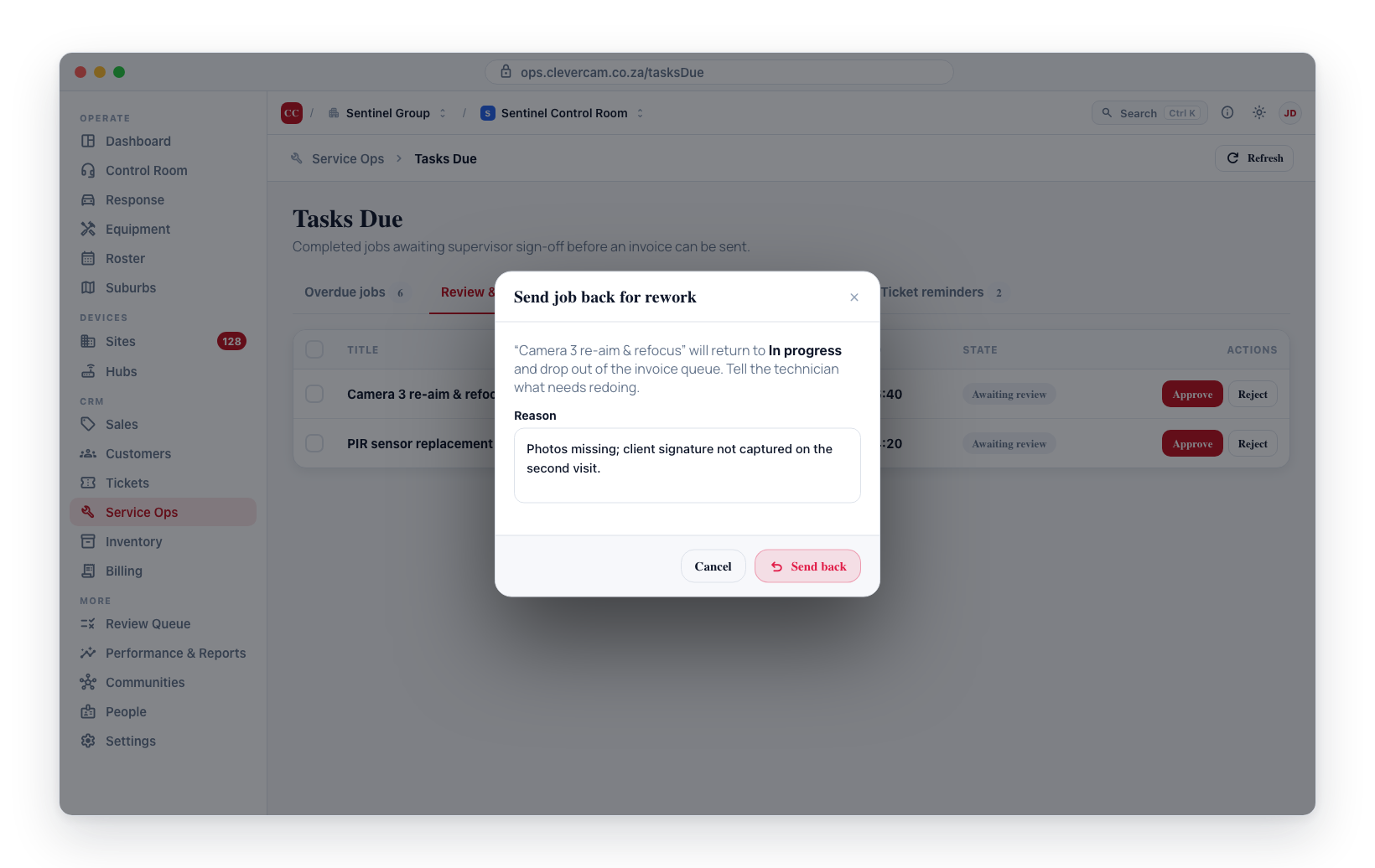 The Reject dialog: a rejection reason is required before the job returns to In progress.