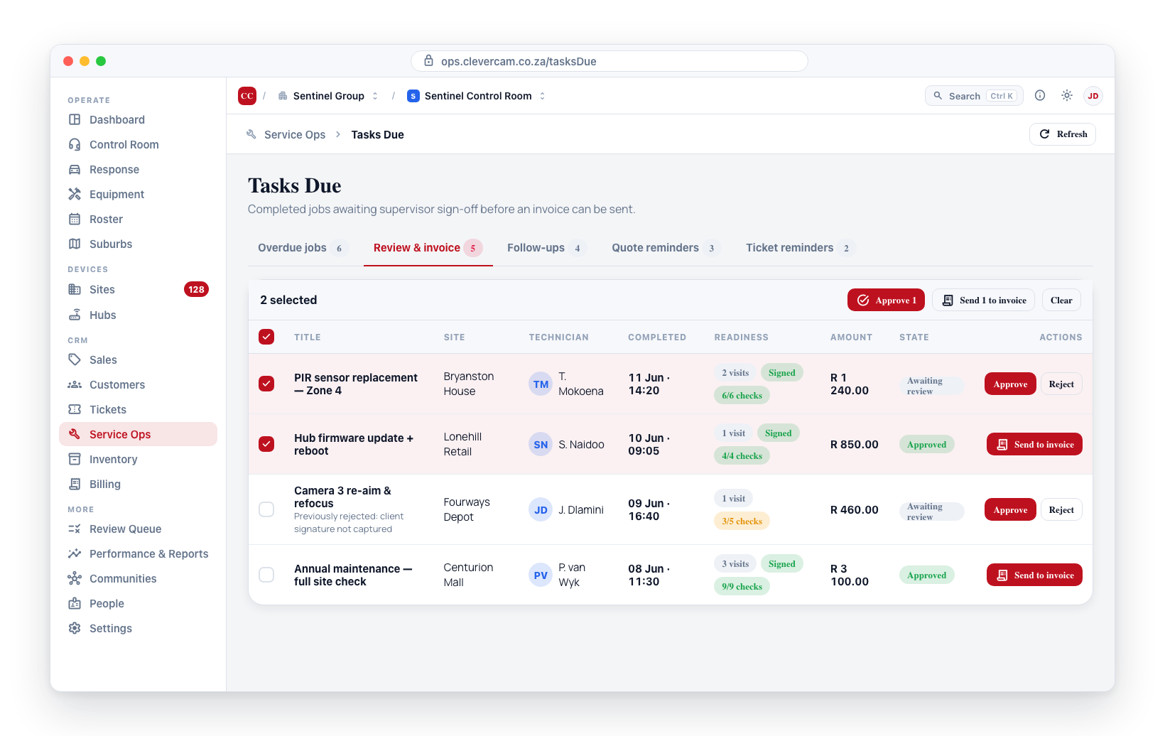 The Review & invoice queue: readiness chips, bulk-action bar, and per-row Approve / Reject / Send to invoice.