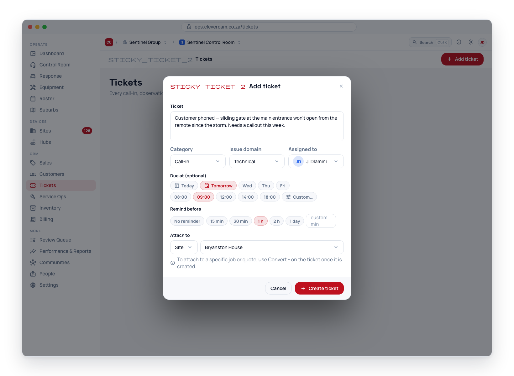 The New ticket dialog — body, category/domain/assignee row, chip-based Due at and Remind before, and the Attach to picker.