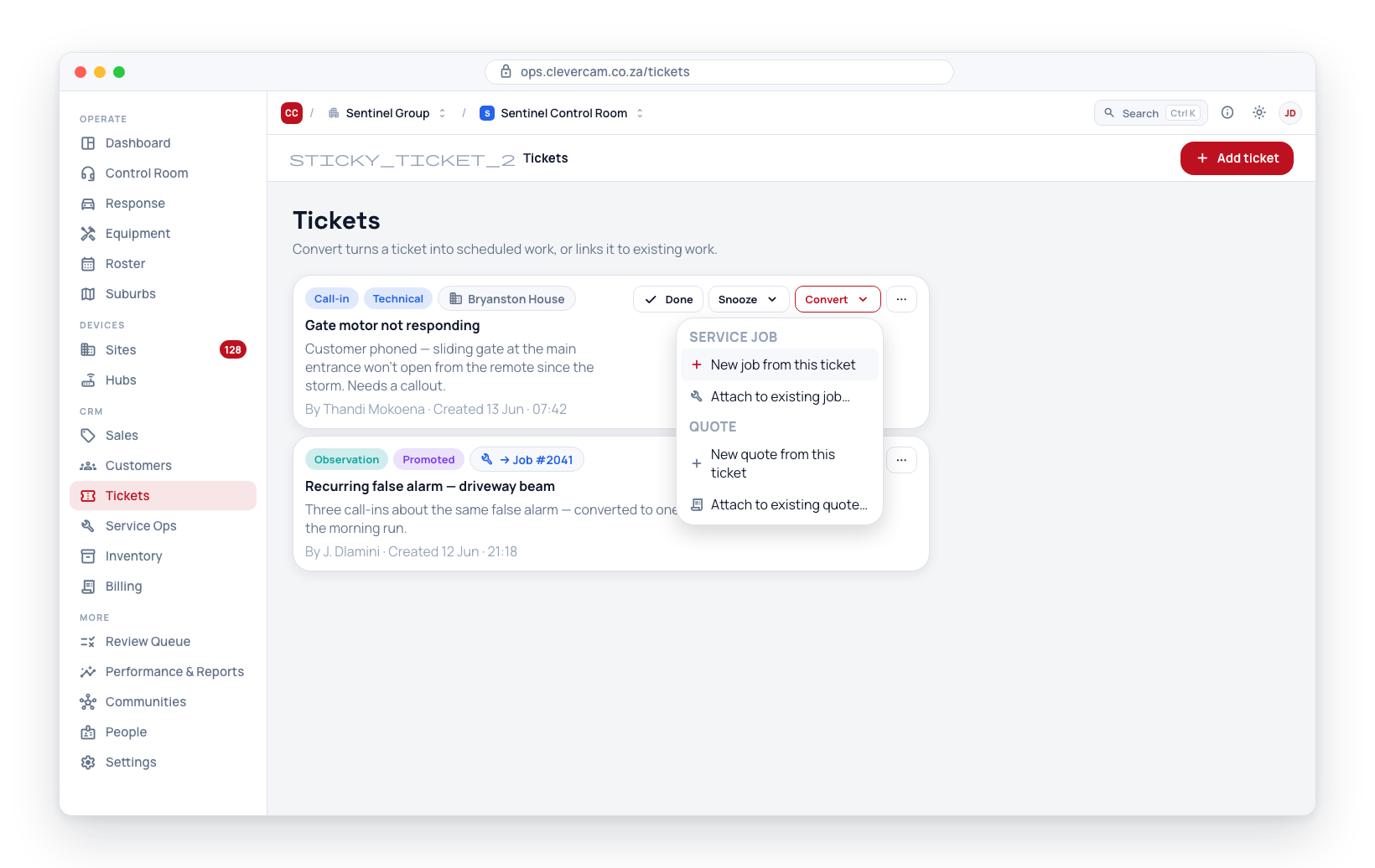 The Convert flyout — New job / Attach to existing job, and the same pair for quotes. Below it, an already-promoted ticket linked to Job #2041.
