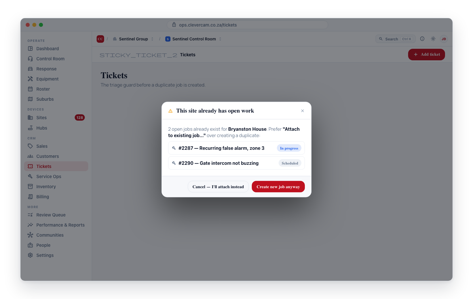 The triage guard: open jobs on the site are listed before a duplicate is created -- attach instead, or create anyway.